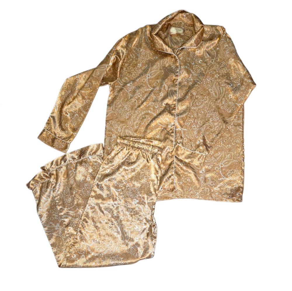 Y2K Gold‎ Satin Paisley Pajama Set • Vintage Silky Lounge Co-ord • Matching Set